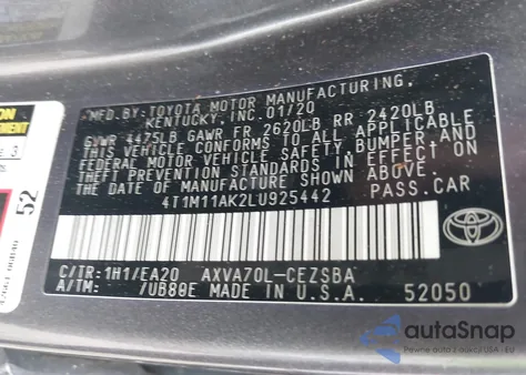 2020 Toyota Camry Se из США, поврежденный, VIN 4T1M11AK2LU925442